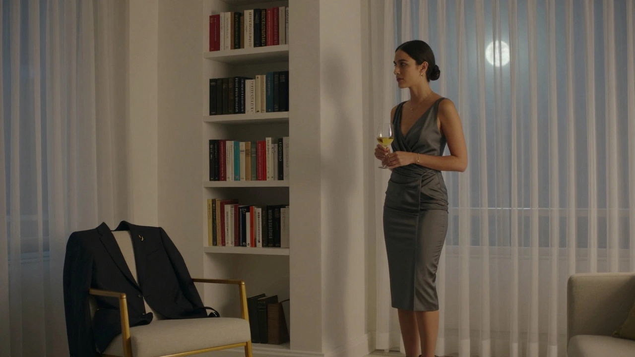 A woman in evening attire near a bookshelf in a Dubai apartment, no faces shown, soft moonlight and elegant decor.