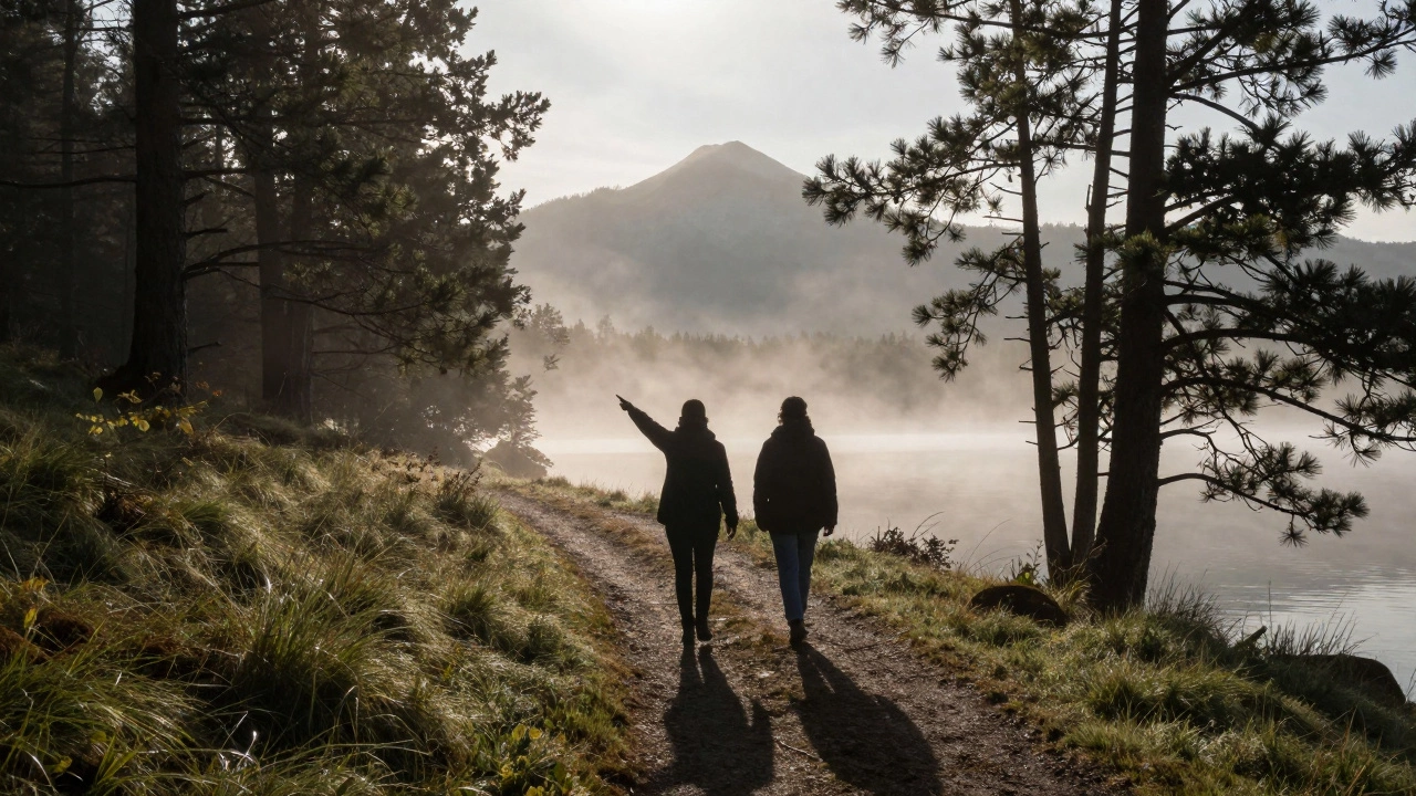 Two silhouettes walking a misty lakeside trail at dawn, pointing toward distant mountains.
