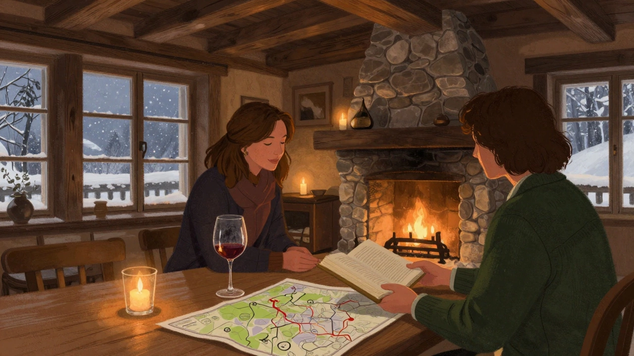 Warm chalet interior with candlelight, a woman offering a book to a guest by the fireplace.
